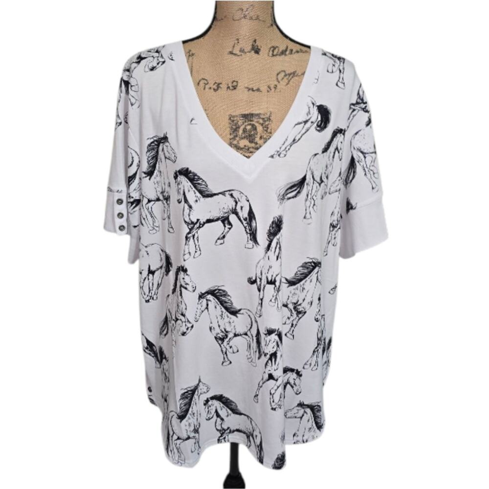 Jane & Delancey Black White Horse Print V-Neck Comfy Shirt Tunic Plus Size 3X
